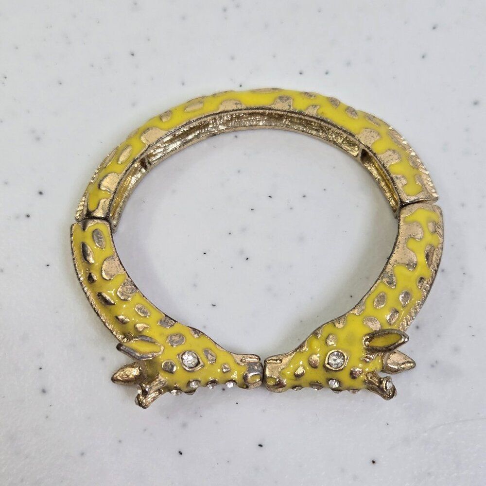 Vintage Yellow Giraffe Enamel Bangle Stretch Bracelet Rhinestone Gold Tone